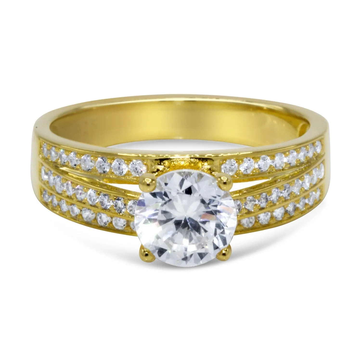 CZ 6mm Center Stone Sterling Silver Gold Plated Crossover Halo Engagement Ring