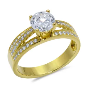 CZ 6mm Center Stone Sterling Silver Gold Plated Crossover Halo Engagement Ring