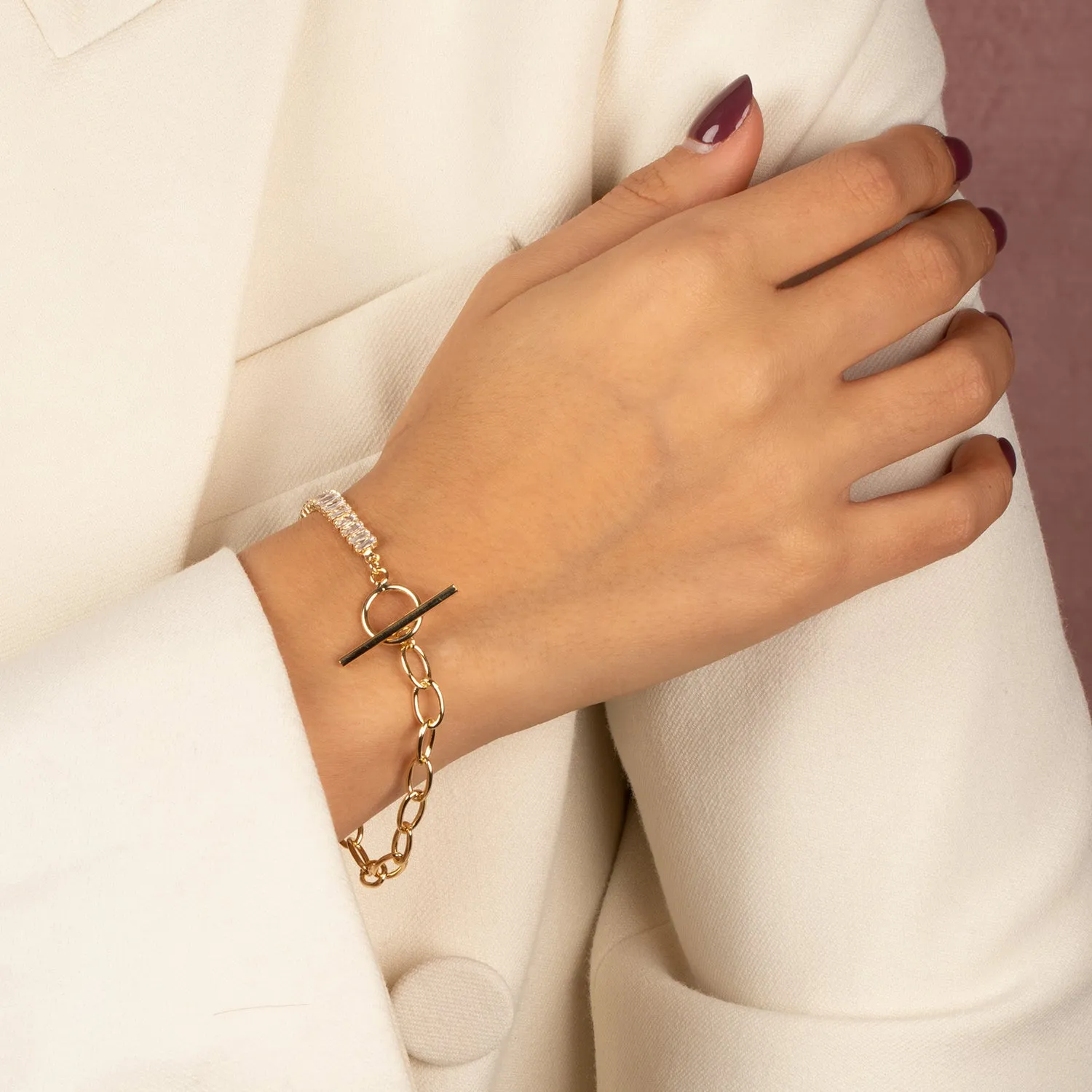 CZ Baguette X Paperclip Toggle Bracelet