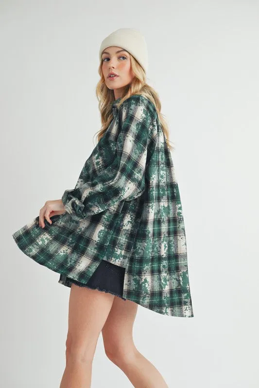 Dark Green Plaid Button Up Raglan Sleeve Flannel Shirt