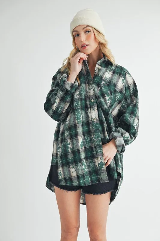 Dark Green Plaid Button Up Raglan Sleeve Flannel Shirt