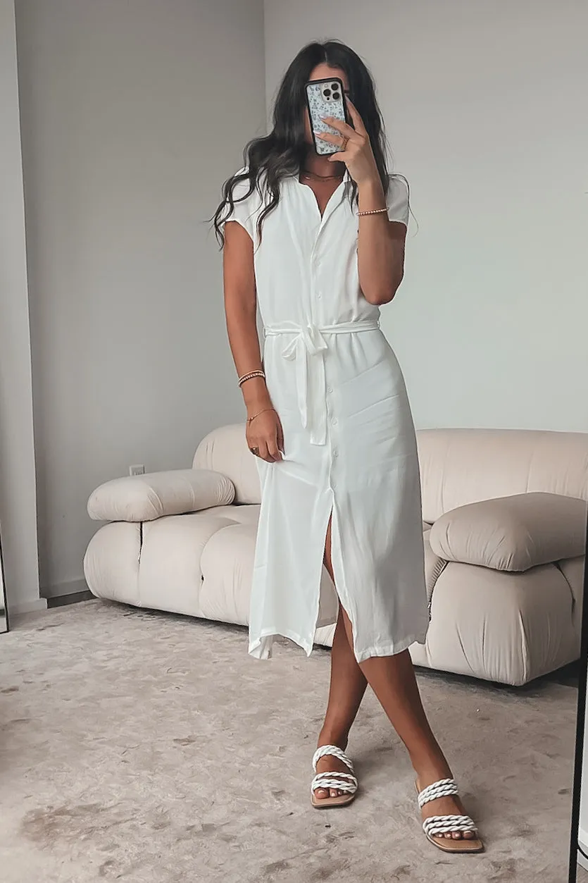 DEAL A Walk In The Park White Short Sleeve Button Up Midi