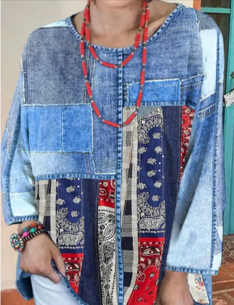Denim Shirts Spring Fashion Long Sleeve Spliced Elegant