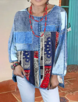Denim Shirts Spring Fashion Long Sleeve Spliced Elegant