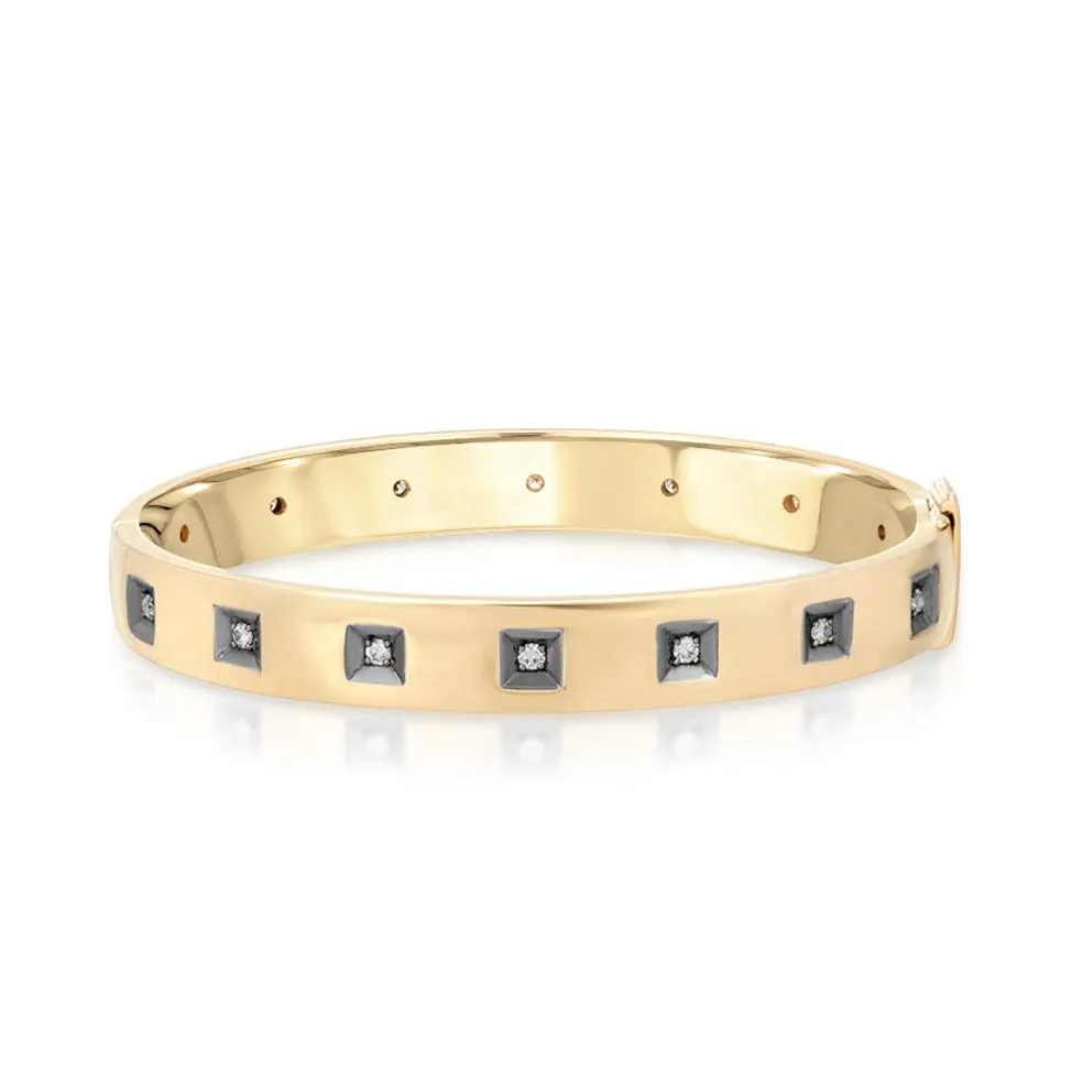 Diamond Box Gold Bangle With Black Ruthenium Bevel Trim