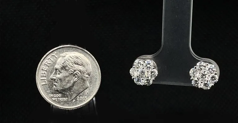 Diamond Floral Cluster Stud Earrings in White Gold, 1.09 Carat Total