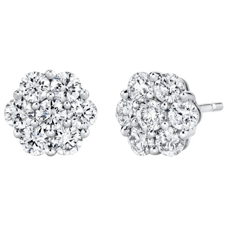 Diamond Floral Cluster Stud Earrings in White Gold, 1.09 Carat Total