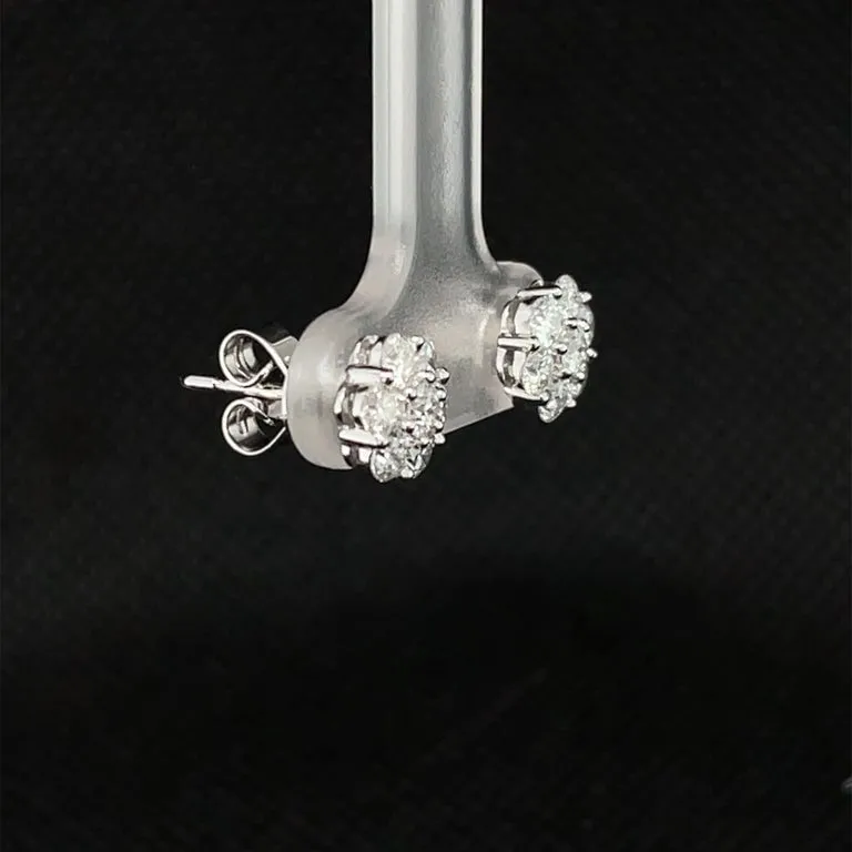 Diamond Floral Cluster Stud Earrings in White Gold, 1.09 Carat Total