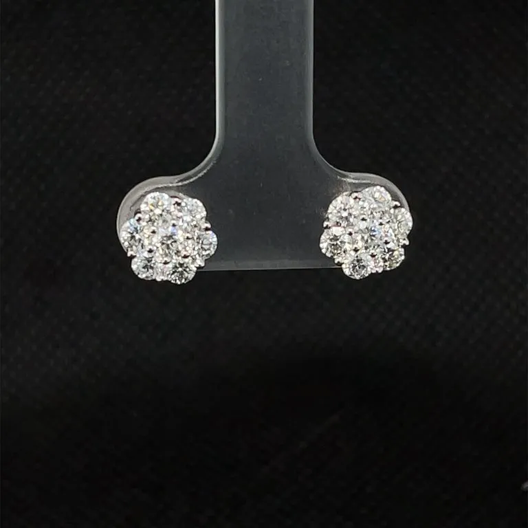 Diamond Floral Cluster Stud Earrings in White Gold, 1.09 Carat Total
