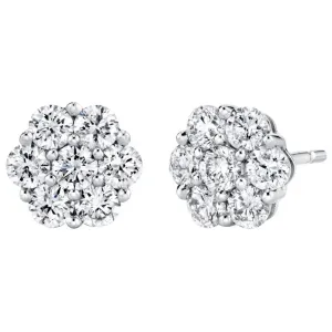 Diamond Floral Cluster Stud Earrings in White Gold, 1.09 Carat Total