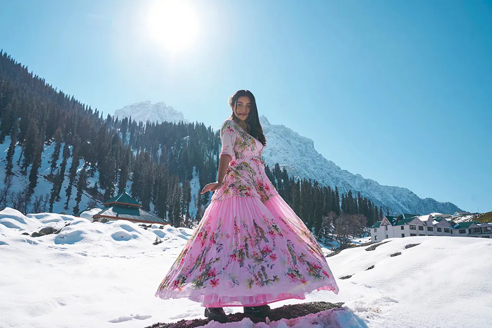 Elegant floral blush pink peplum jaket georgette gown with intricate hand embroidery