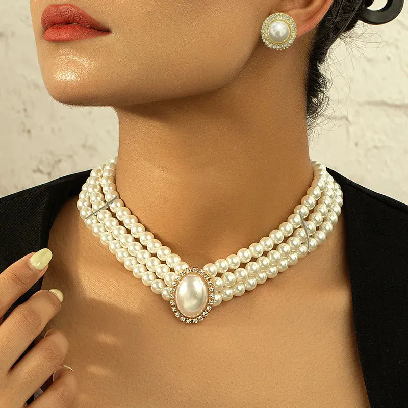 Elegant Pearl Clavicle Chain Pendant Necklaces Earrings Choker