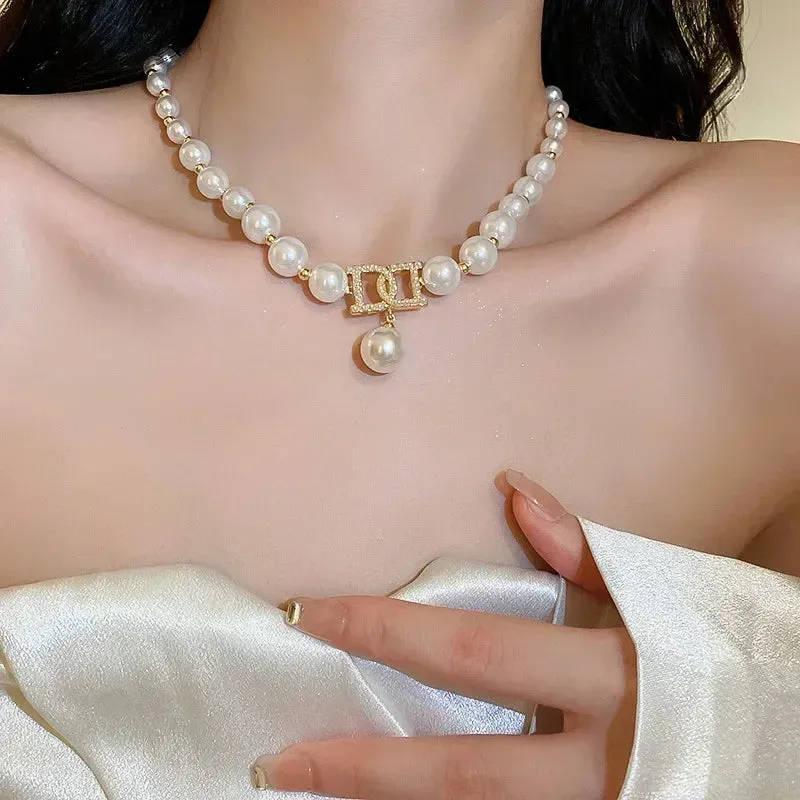 Elegant Pearl Clavicle Chain Pendant Necklaces Earrings Choker