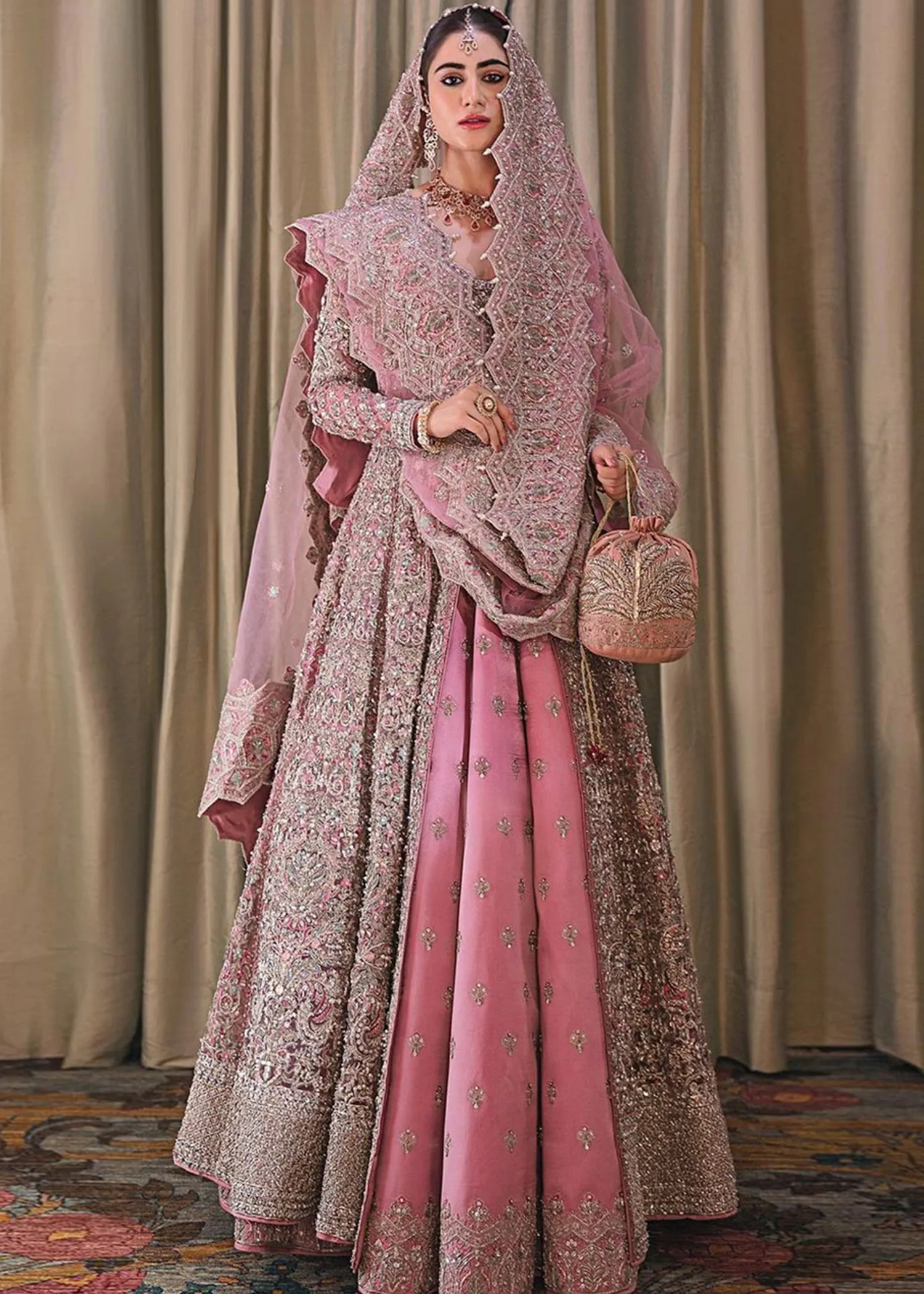Elegant Tea Pink Pakistani Bridal Dress Gown Pishwas in Lehenga Style