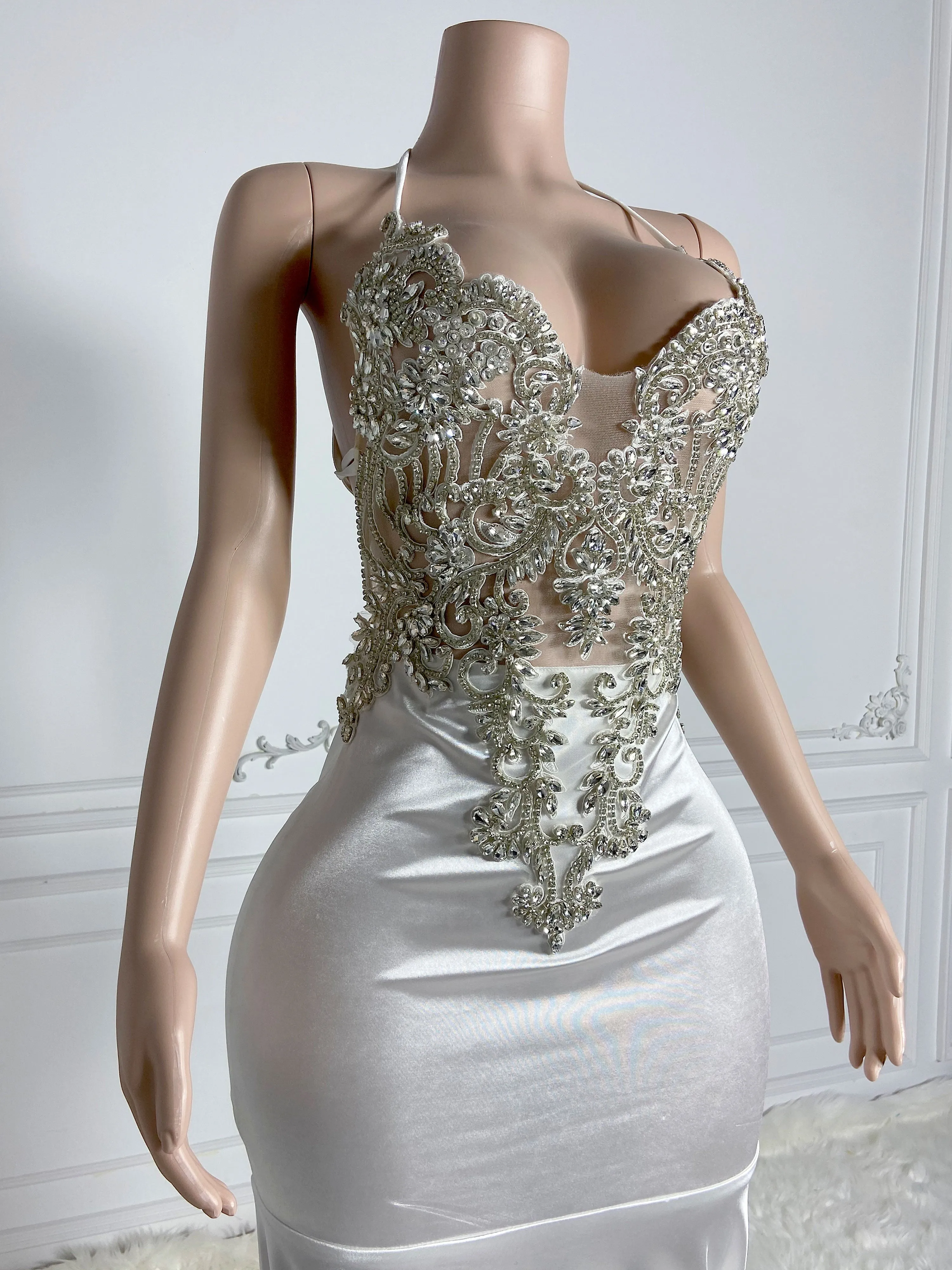Elegant White Backless Strappy Style Gown
