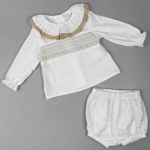Elegant White Two-Piece Baby Girl Outfit with Beige Lace & Smocking