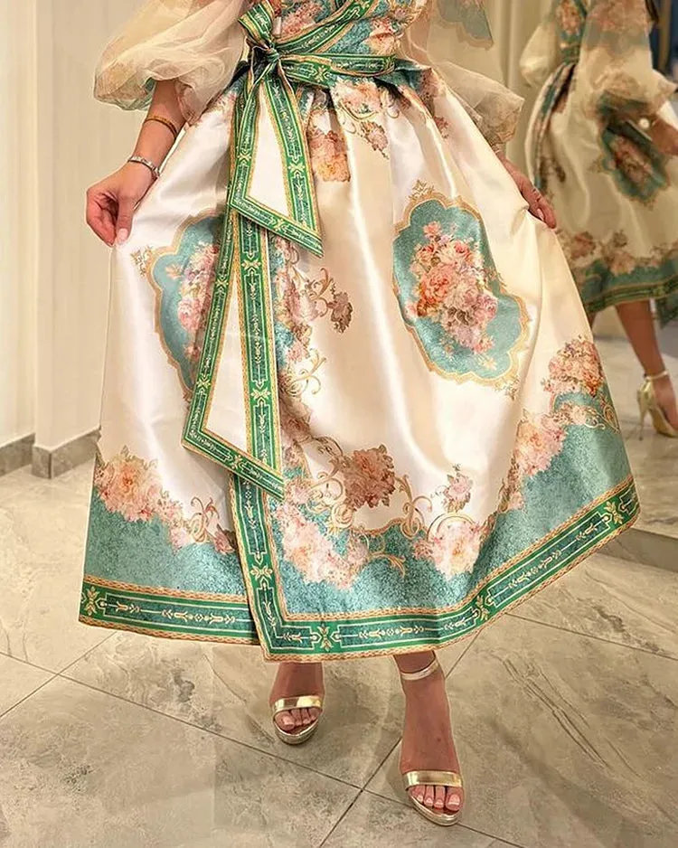 Elina-Printed Tie Dress with Long Sleeves