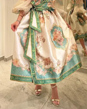 Elina-Printed Tie Dress with Long Sleeves