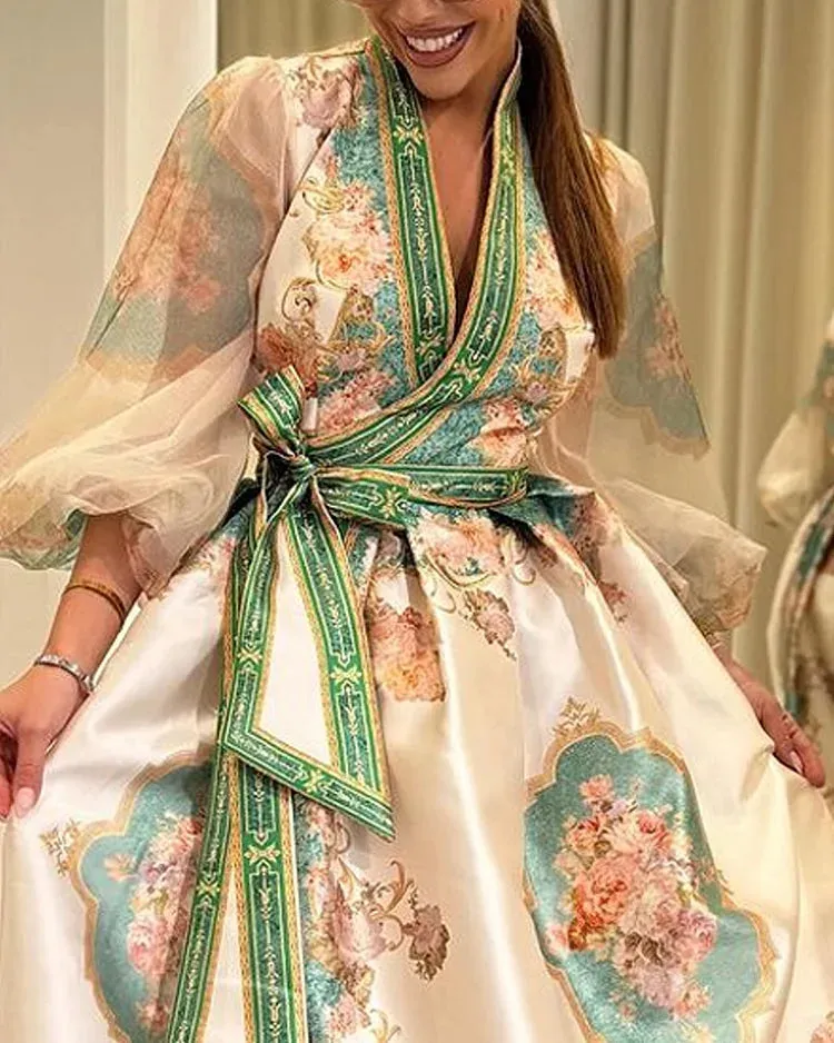 Elina-Printed Tie Dress with Long Sleeves