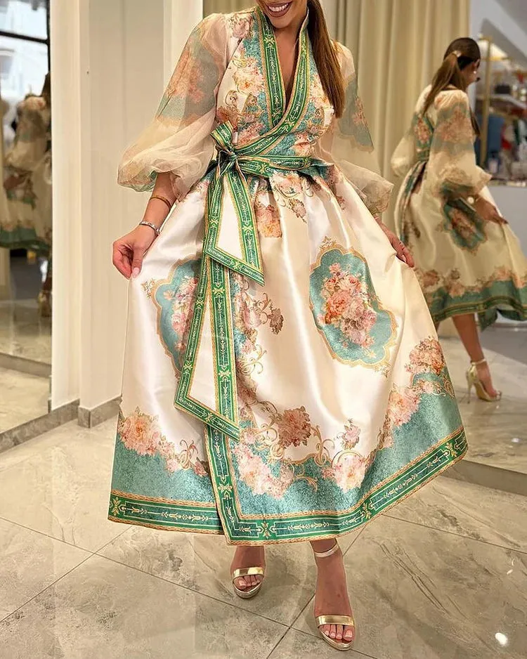 Elina-Printed Tie Dress with Long Sleeves