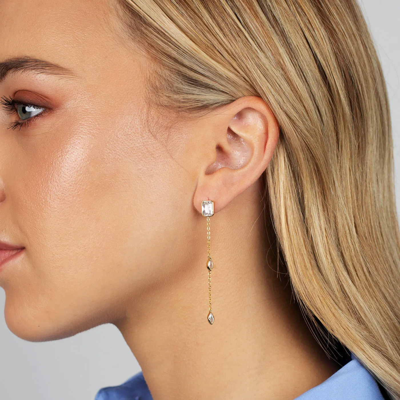 Emerald Bezel Drop Chain Stud Earring