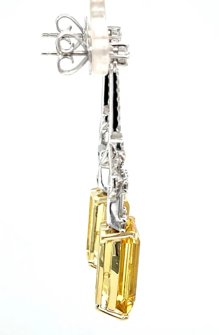 Emerald-Cut Golden Beryl and Diamond Baguette Dangle Earrings in 18k White Gold
