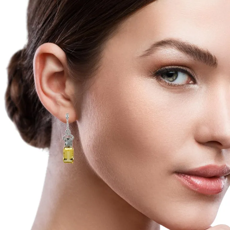Emerald-Cut Golden Beryl and Diamond Baguette Dangle Earrings in 18k White Gold