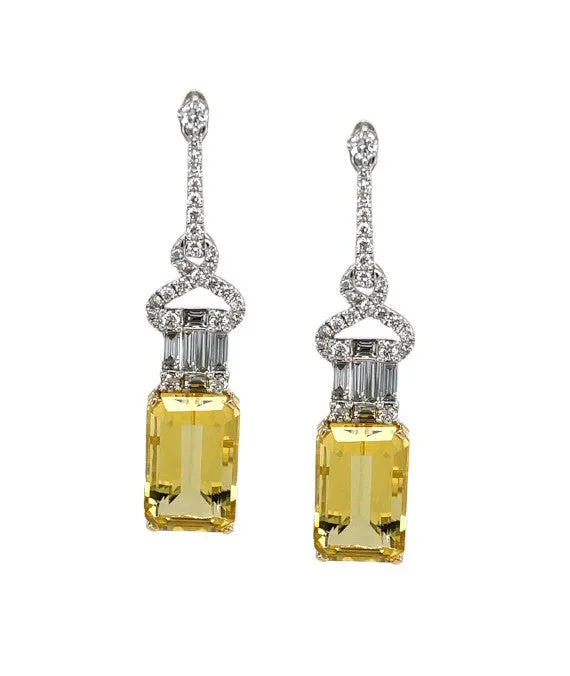 Emerald-Cut Golden Beryl and Diamond Baguette Dangle Earrings in 18k White Gold