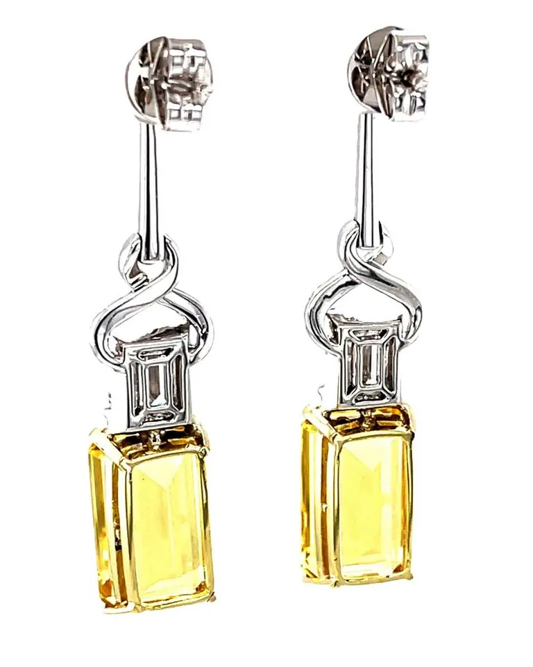 Emerald-Cut Golden Beryl and Diamond Baguette Dangle Earrings in 18k White Gold