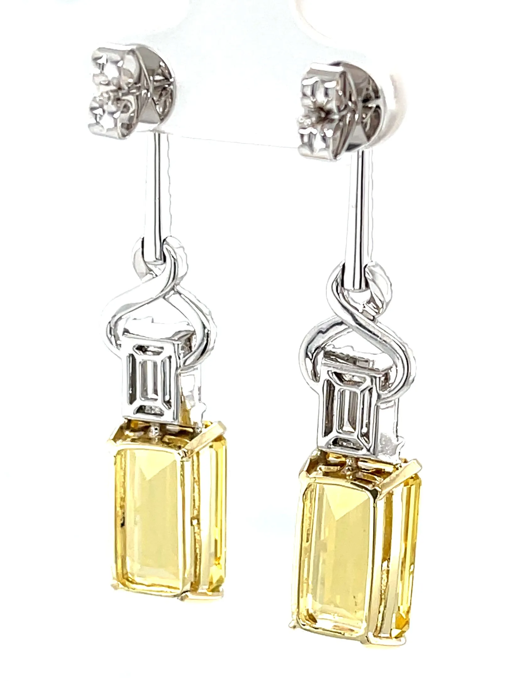 Emerald-Cut Golden Beryl and Diamond Baguette Dangle Earrings in 18k White Gold