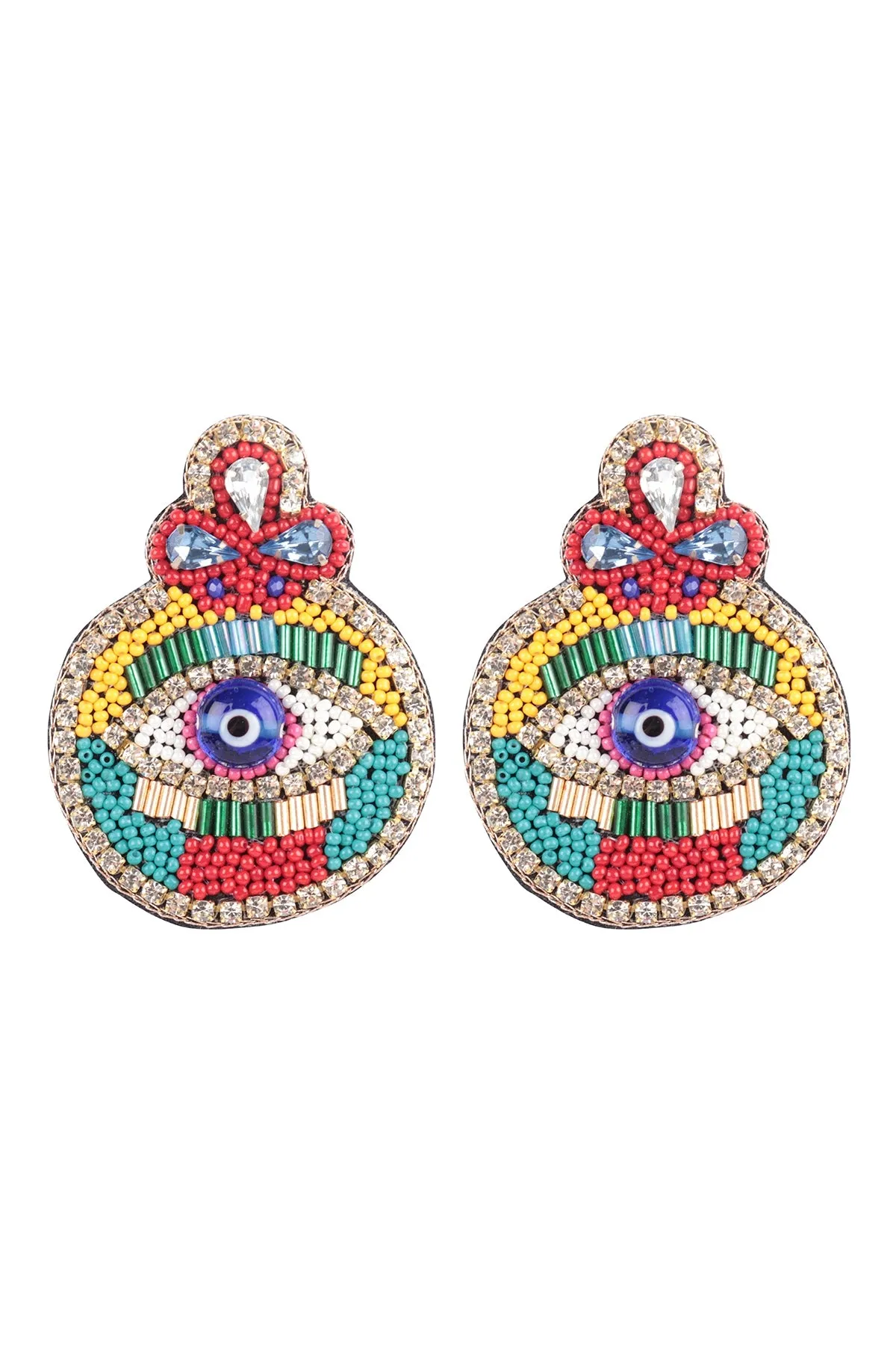 EVIL EYE CHARM SEED BEAD POST DANGLE EARRINGS