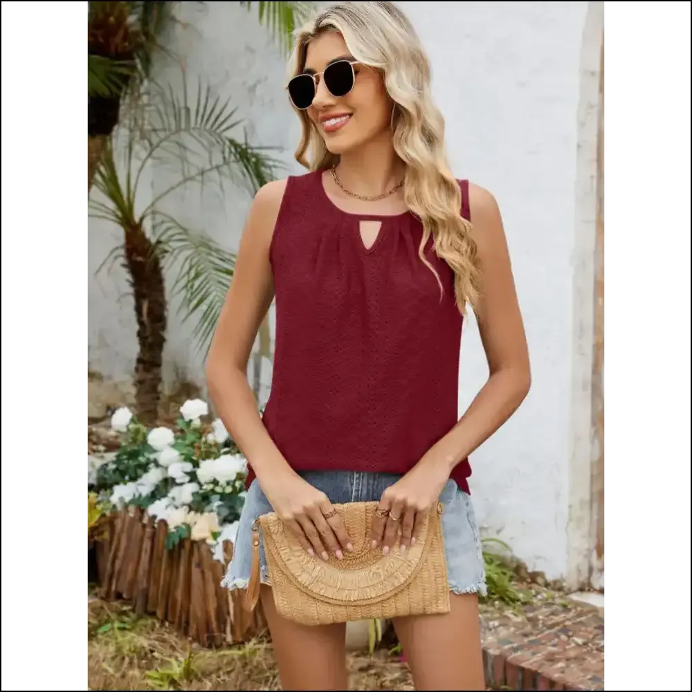 Eyelet Cutout Round Neck Tank - Chic and Stylish