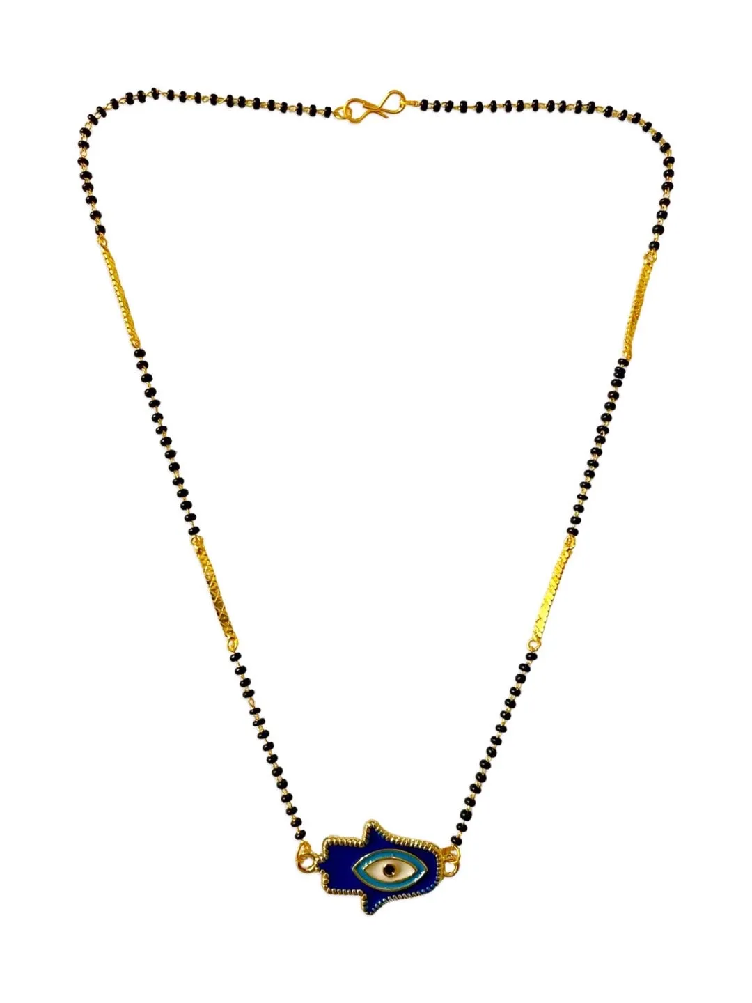 Fancy Short Modern Mangalsutra Designs Hamsa & Evil Eye Pendant Simple Black Beads Gold Chain