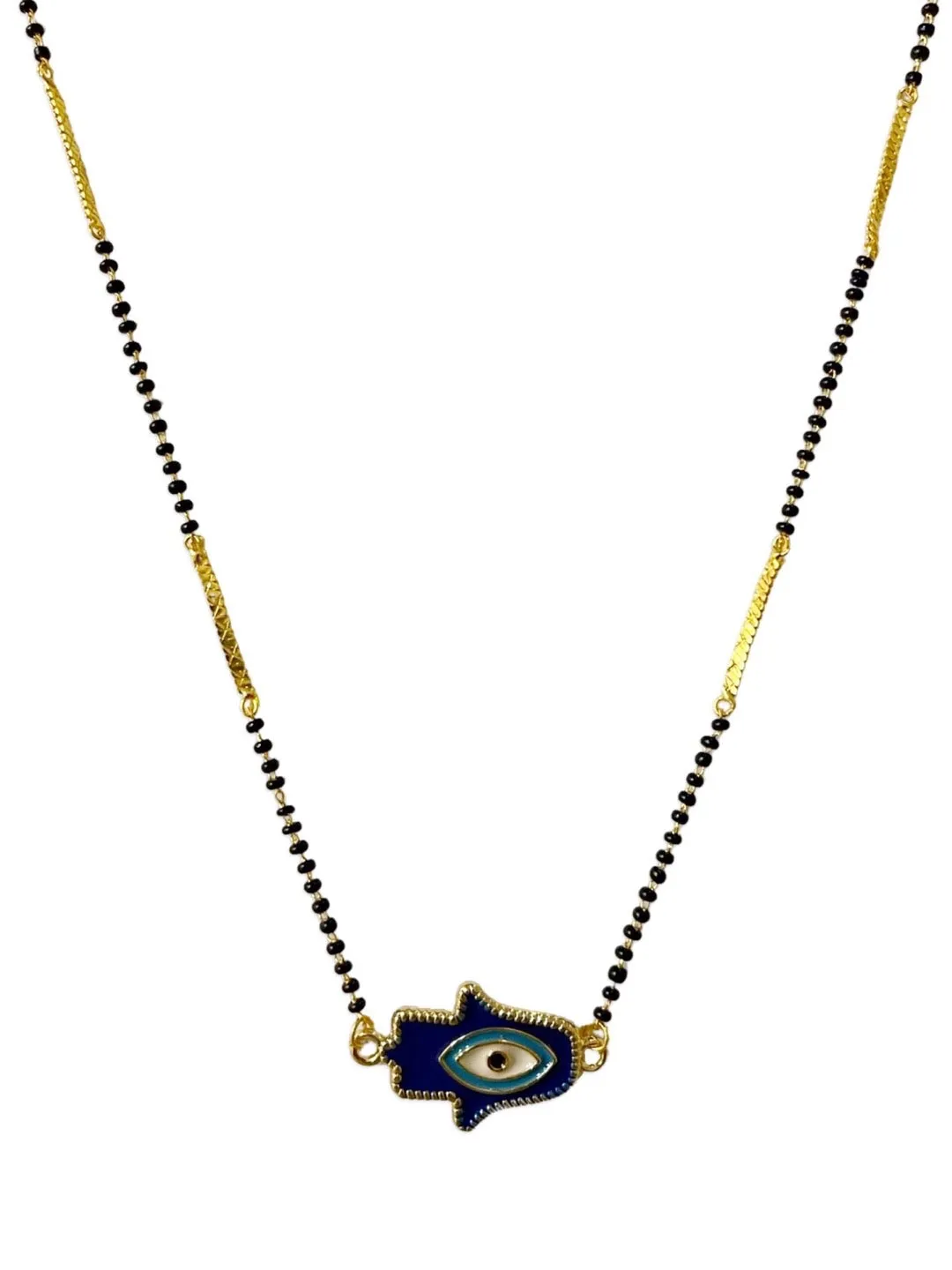 Fancy Short Modern Mangalsutra Designs Hamsa & Evil Eye Pendant Simple Black Beads Gold Chain