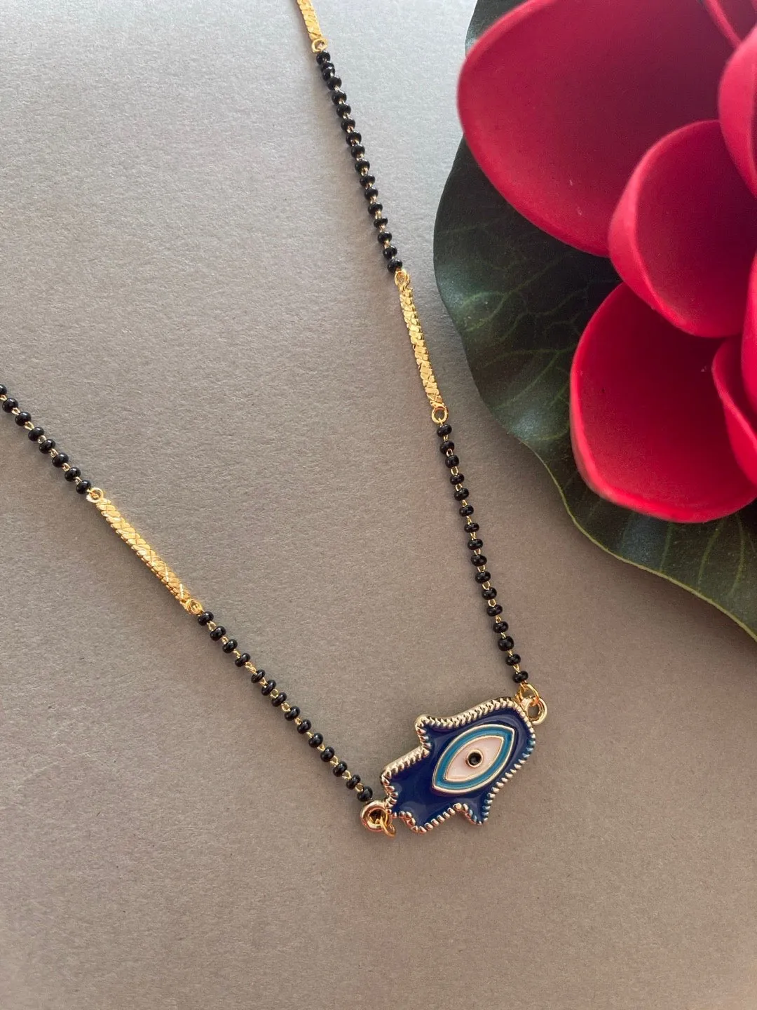 Fancy Short Modern Mangalsutra Designs Hamsa & Evil Eye Pendant Simple Black Beads Gold Chain