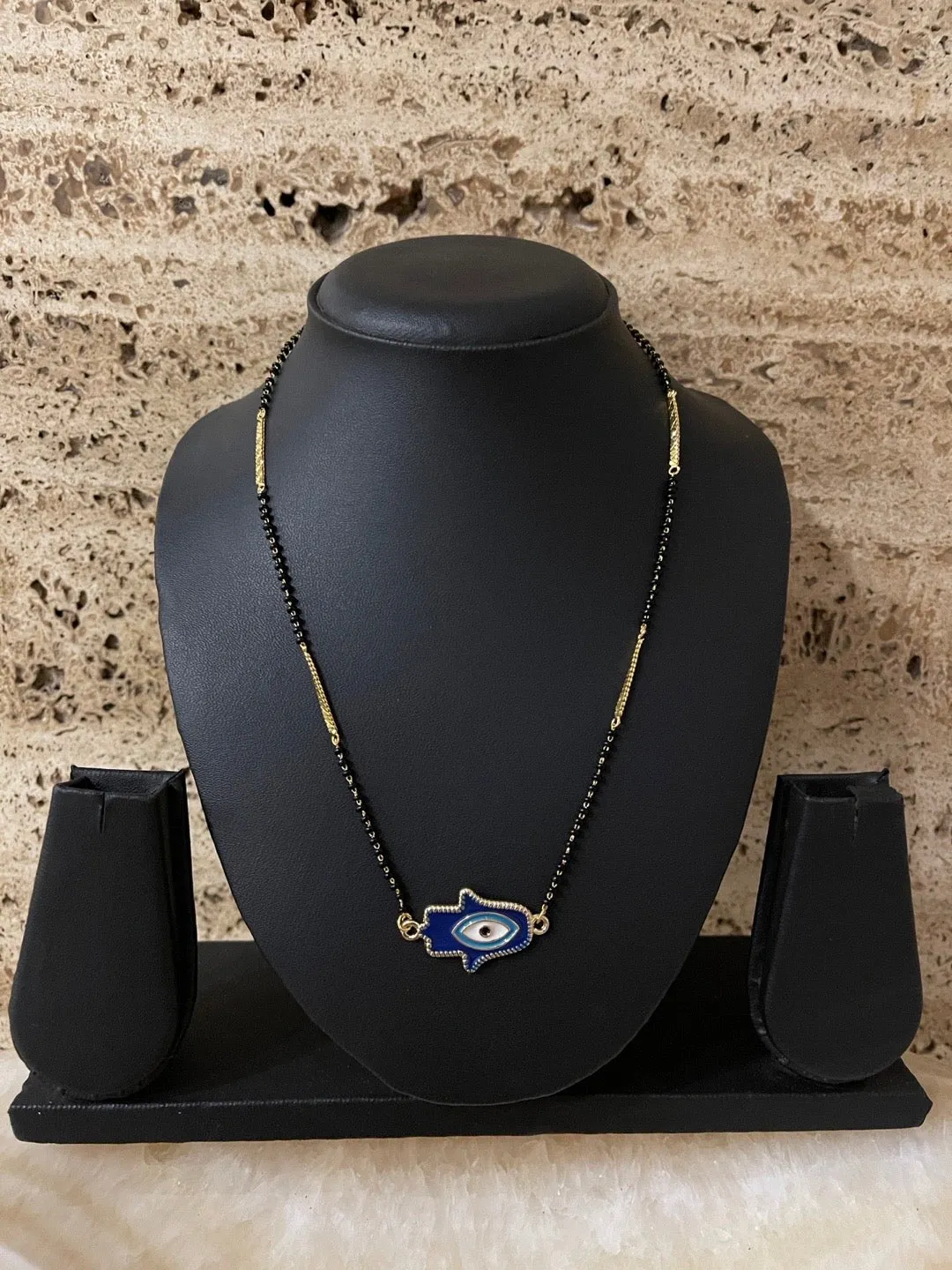 Fancy Short Modern Mangalsutra Designs Hamsa & Evil Eye Pendant Simple Black Beads Gold Chain
