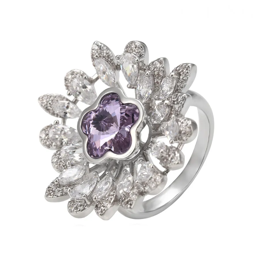 Fashion Purple Crystal & CZ Diamond Flower Ring