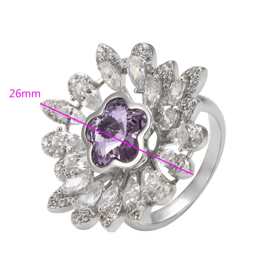 Fashion Purple Crystal & CZ Diamond Flower Ring
