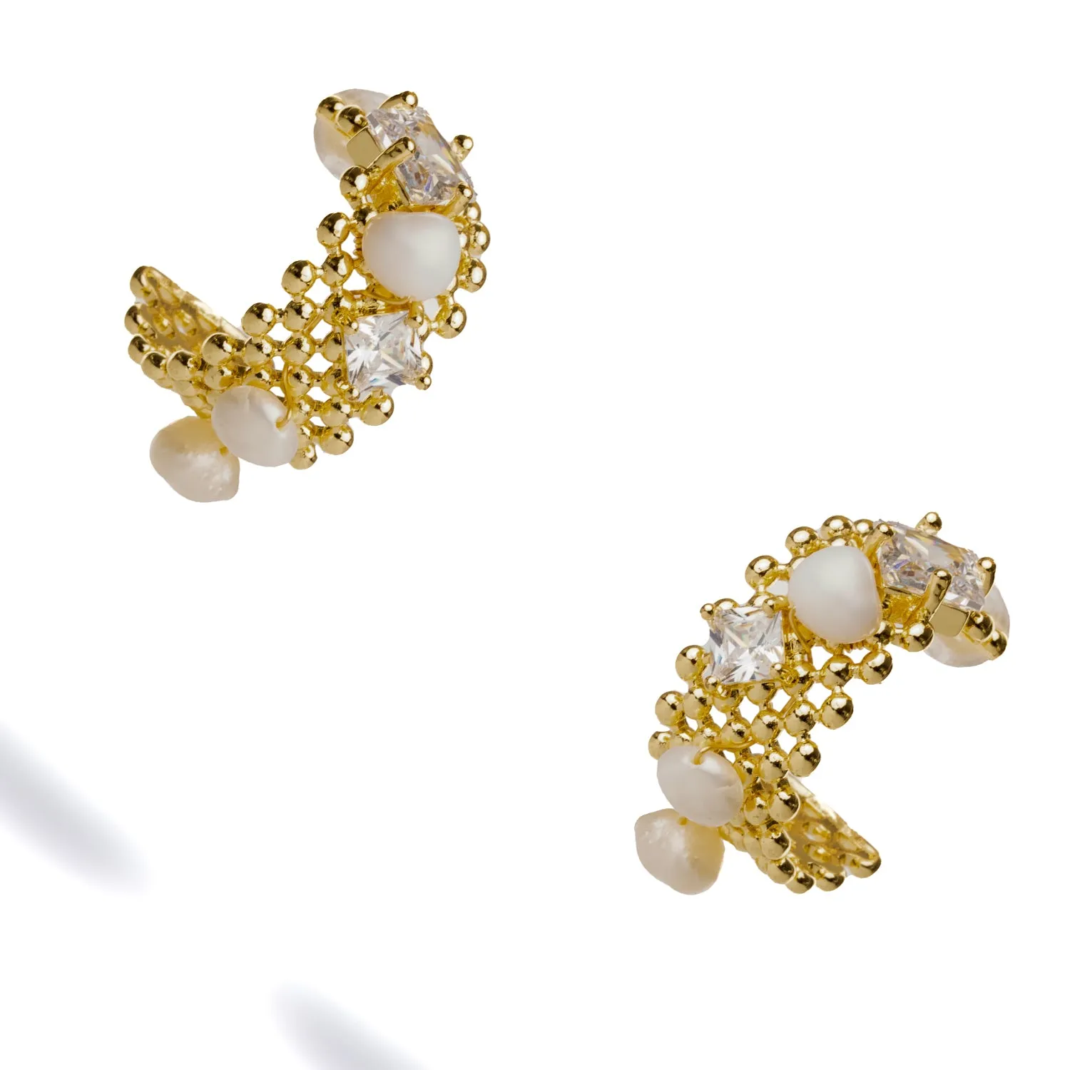 Filigree Design Pearl & Diamond Hoop Earrings