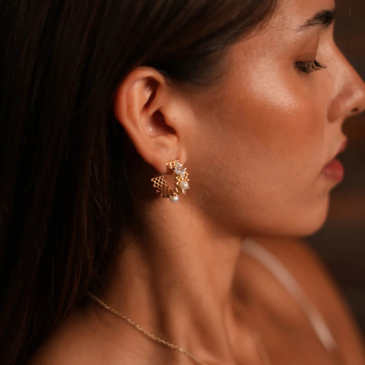 Filigree Design Pearl & Diamond Hoop Earrings