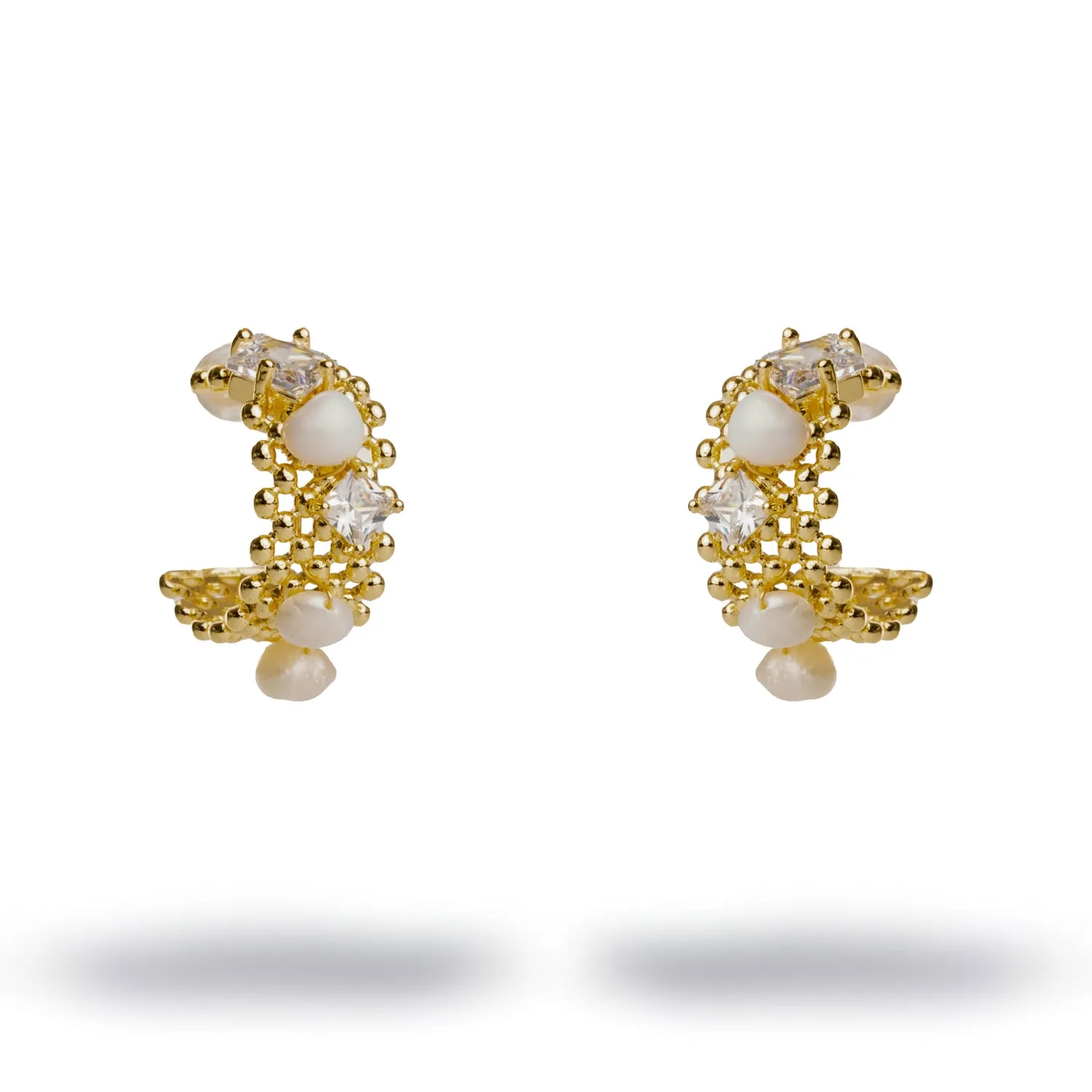 Filigree Design Pearl & Diamond Hoop Earrings
