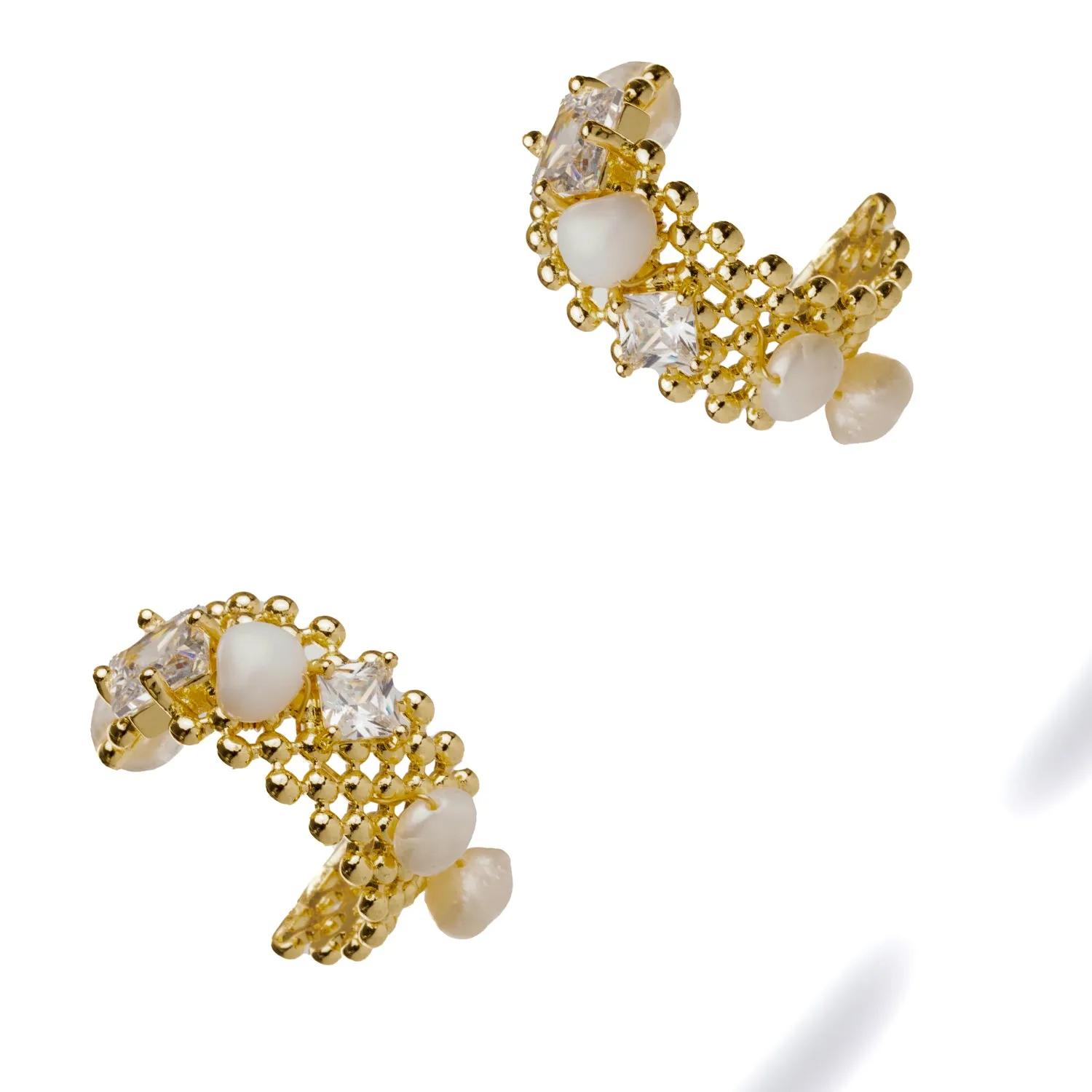 Filigree Design Pearl & Diamond Hoop Earrings