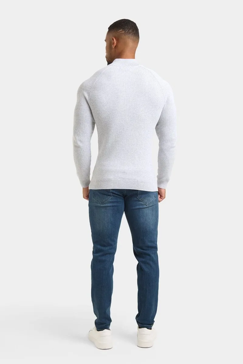 Fisherman Textured Half Zip Neck in Soft Grey Marl