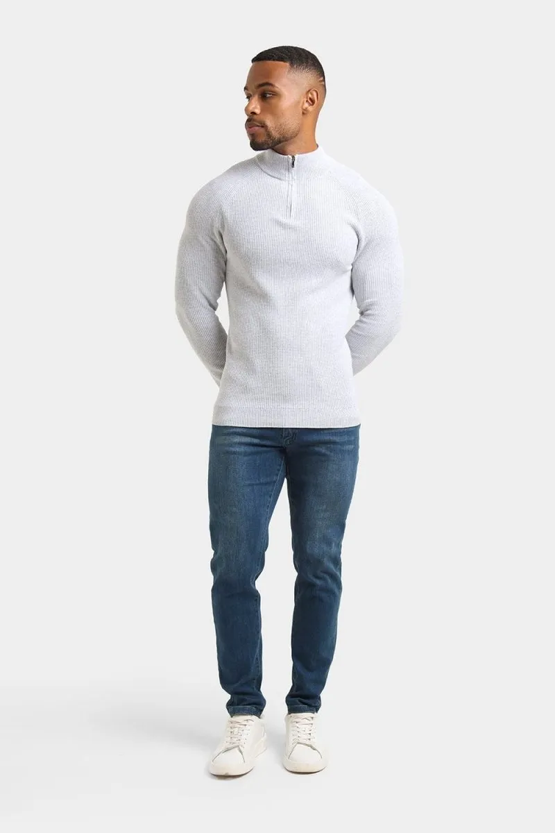 Fisherman Textured Half Zip Neck in Soft Grey Marl