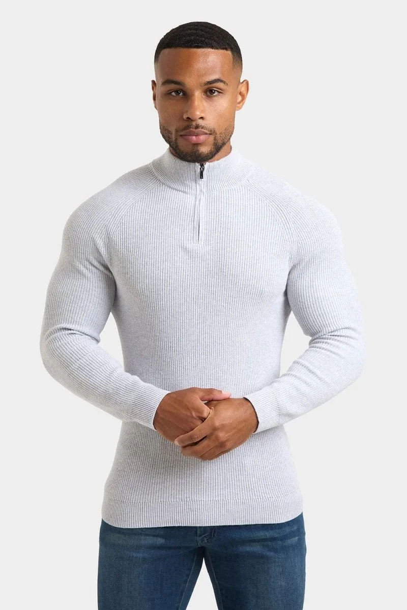 Fisherman Textured Half Zip Neck in Soft Grey Marl