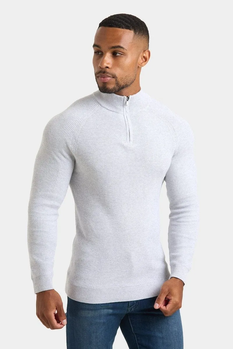 Fisherman Textured Half Zip Neck in Soft Grey Marl
