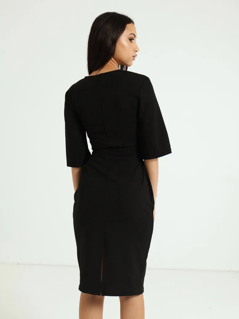 Flare Slit Sleeve Bodycon Dress - Black
