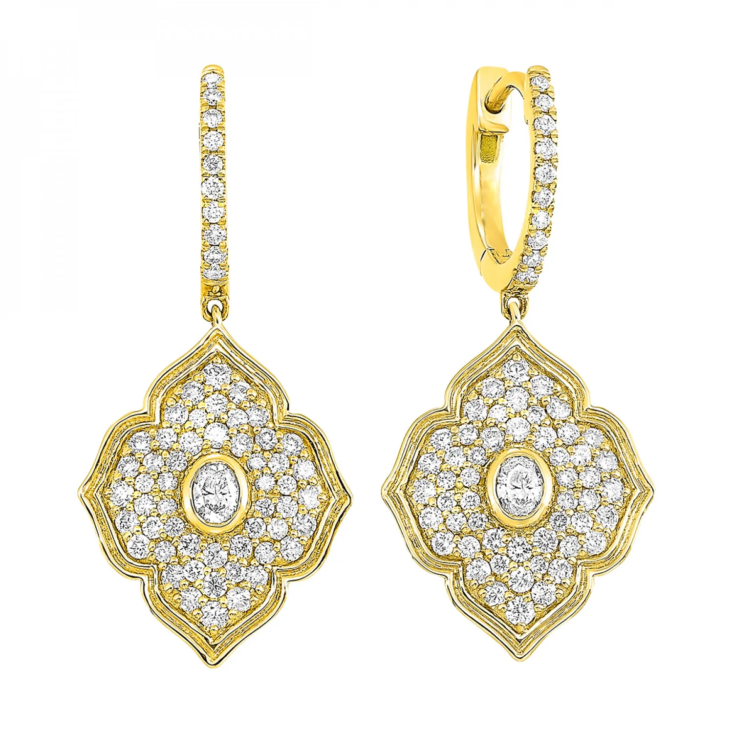 Floral Inspired 14k Yellow Gold Diamond Drop Hoop Earrings, 1.0 ctw