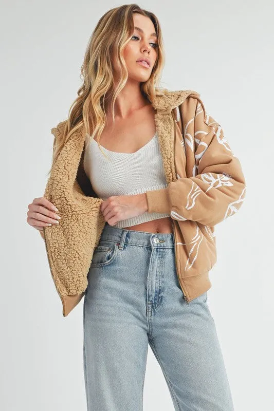 Flower Print Zip Up Mustard Color Sherpa Hoodie
