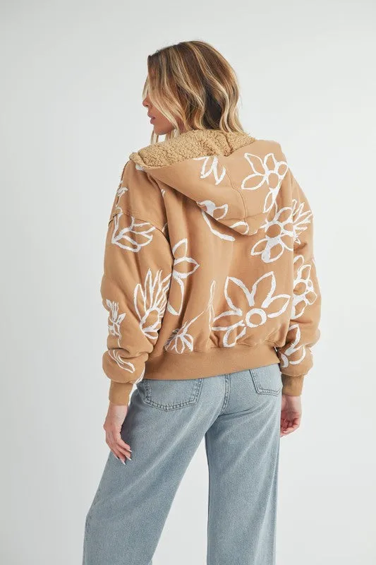 Flower Print Zip Up Mustard Color Sherpa Hoodie